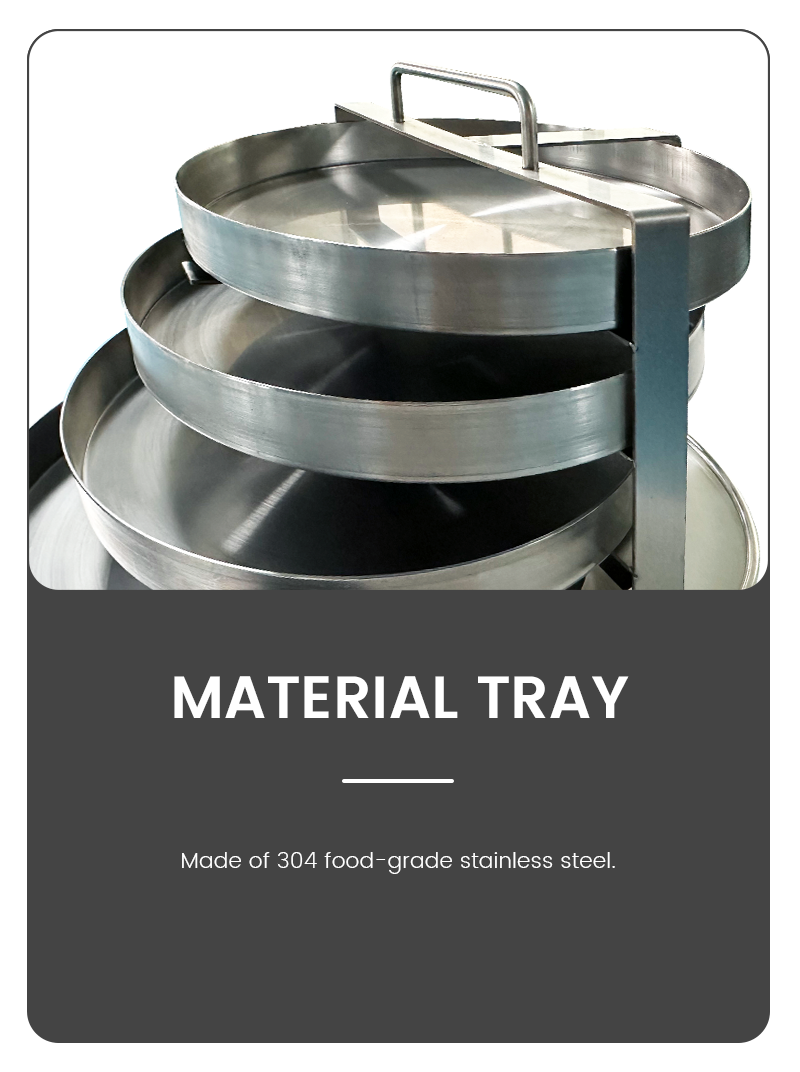 Infographic highlighting a vacuum freeze dryer material tray rack made of 304 food-grade stainless steel with a multi-layer stacked design and handle.